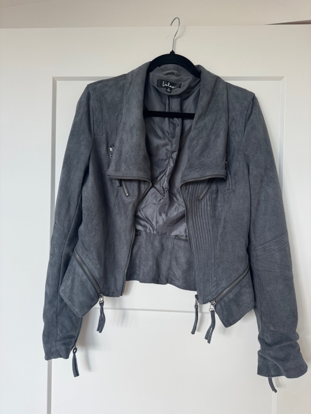 Lulu's Gray Suede Moto Jacket with Asymmetrical Zips